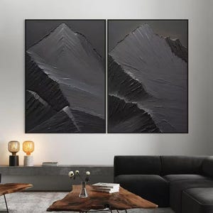 Black Gray Mountain Canvas Wall Art, Set of 2 Large Textured Acrylic Paintings, Modern Abstract Landscape for Contemporary Interior Decor