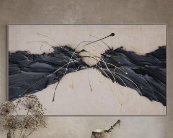 Cuadro abstracto horizontal de gran tamaño, arte mural en blanco y negro, lienzo minimalista moderno, decoración neutra para sala de estar.