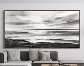 Beach at Night, Black and White 3D Hand-Painted Abstract, Modern, Thick Texture Art, Original Acrylic Painting on Canvas, Contemporary Art