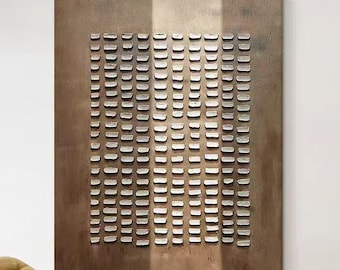 D Moderne Geometrische Wandkunst, Neutrale abstrakte Bronze Ölmalerei, Strukturierte Gitter Leinwand Kunst, Wabi-Sabi Stil Dekor