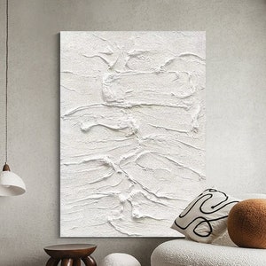 Thick Textured White Strokes Pattern Art, Large Modern Hand-Painted Palette Knife Painting, White Simplistic Minimalism Abstract Wall Art