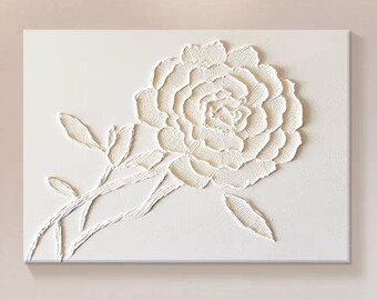 D All White Rose 3D Oil Painting, Minimalist Style Artwork Original Blooming Flower Acrylic Canvas Art, Hand-Painted Decor for Bed Room