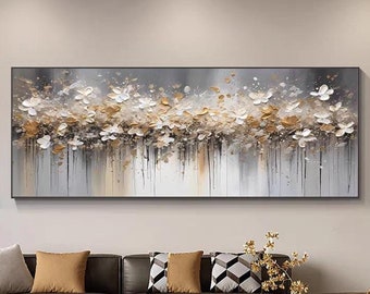 D Abstract Horizontal Floral Acrylic Art, White Gold Flowers Oil Painting, Extra Large Living Room Wall Decor, Handmade Gift