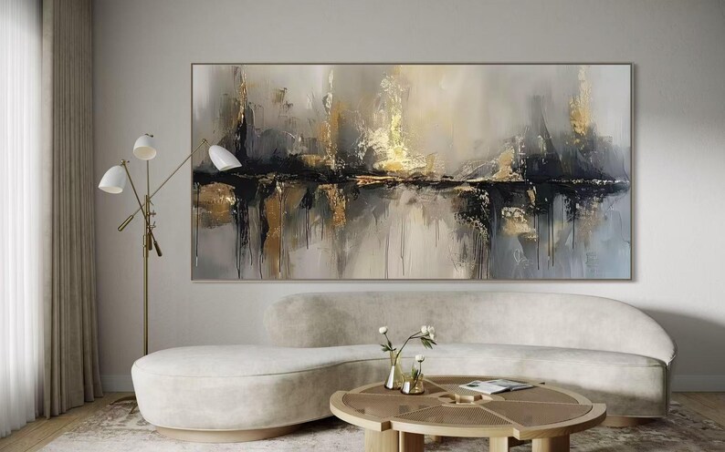 Abstract Black Gold Oil Painting Modern Home Wall Art Horizontal ...