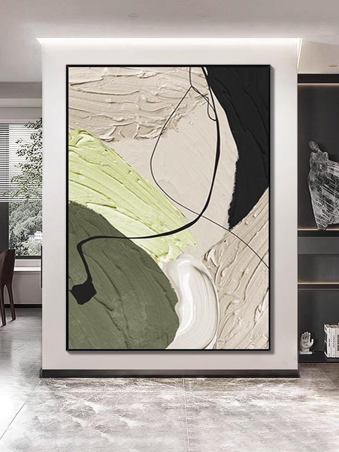 Handmade Large Beige Green Yellow Art, Abstract Black White Wall Decor ...
