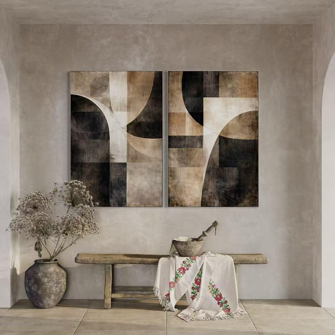Modern Neutral Abstract Geometric Canvas Set of 2, Beige Black ...