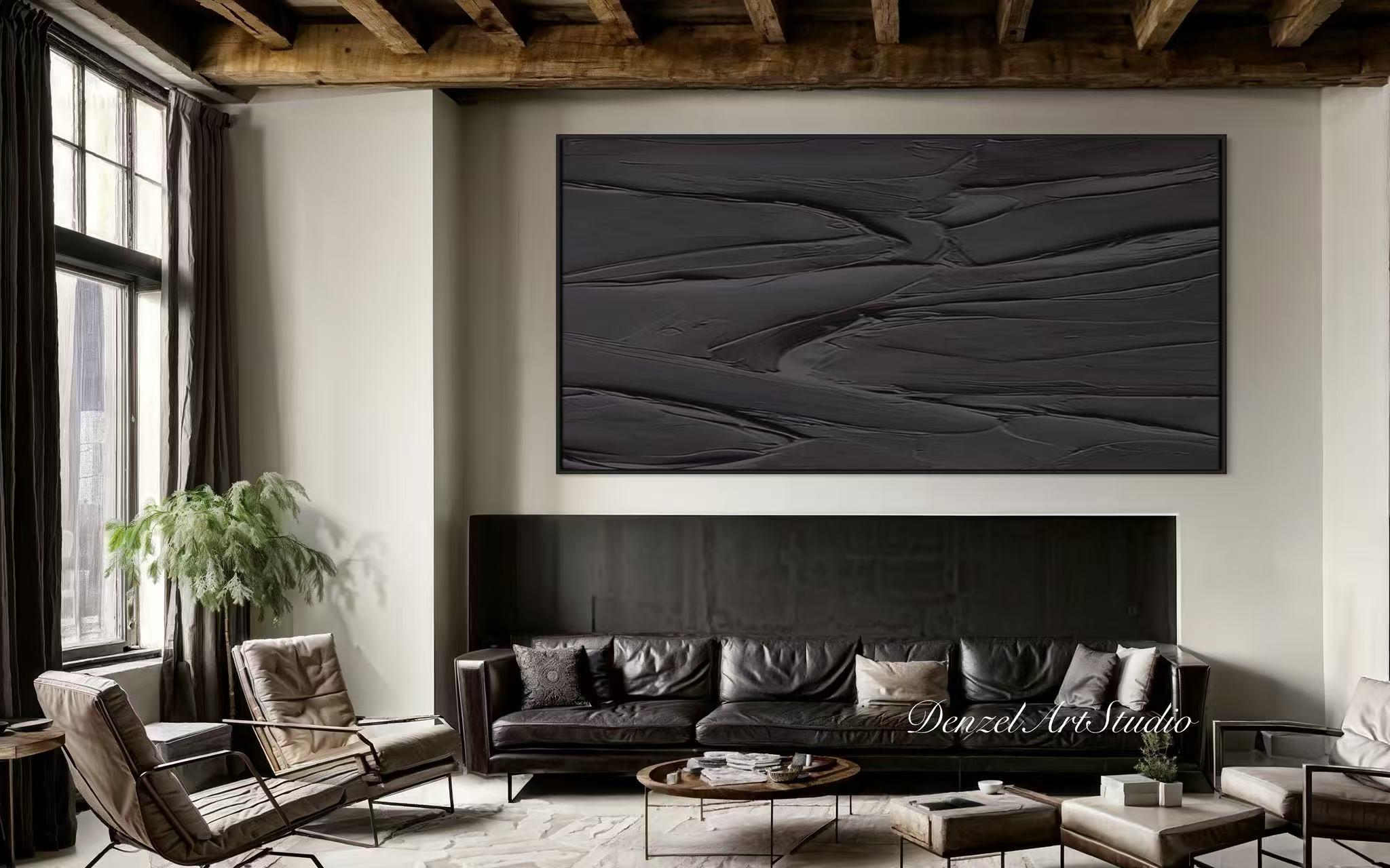 Horizontal Pure Black 3D Textured Oil Painting, Abstract Acrylic ...