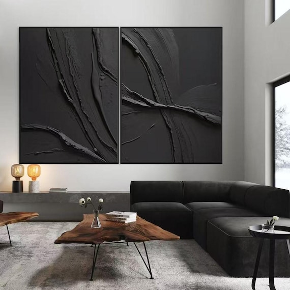 2 Pcs Black Wall Art, All Black Thick Textured Acrylic