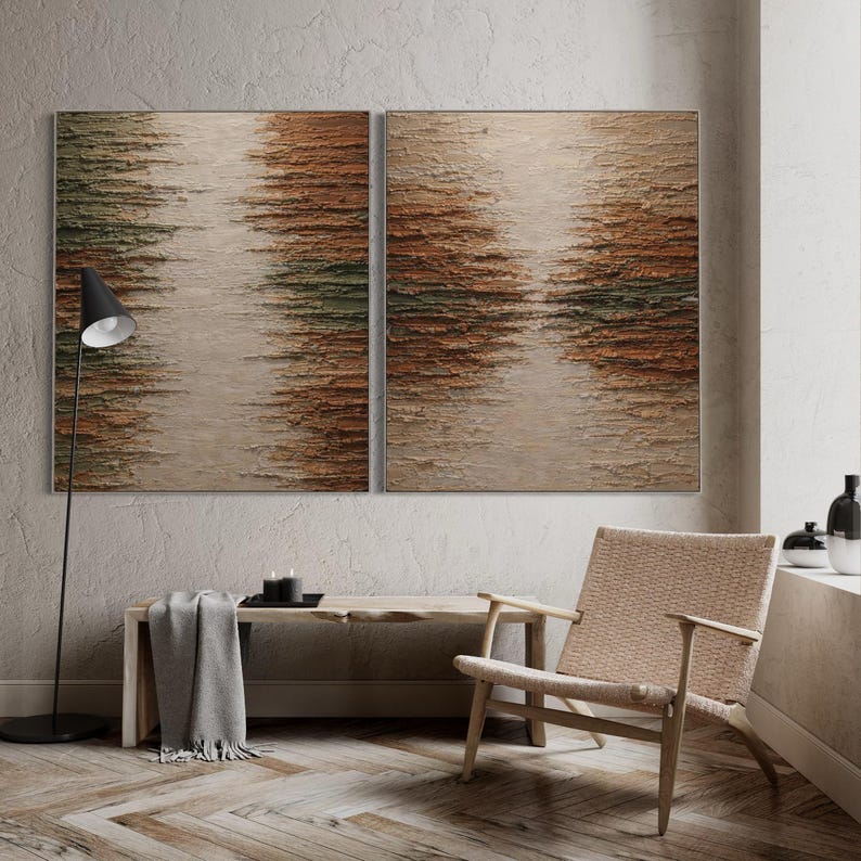 Earth Tone Abstract Painting Set of 2, Textured Neutral Wall Art ...