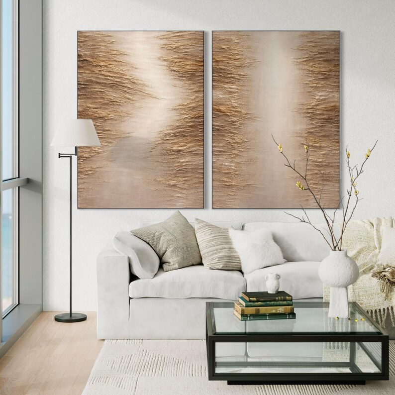Neutral Beige Abstract Painting Set of 2, Minimalist Textured Wall Art ...