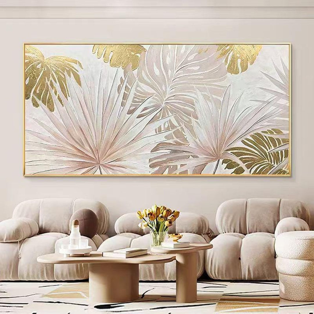 Extra Large Horizontal Wall Art, Gold Sliver Leaves Oil Painting, Abstract Custom Acrylic Art on ...