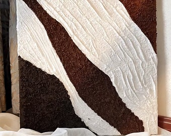 Dark Brown White Abstract Zebra Stripes Artwork, Thick Textured Modern Artwork, Original Earth Tone Textured Hand Painted Acrylic Painting