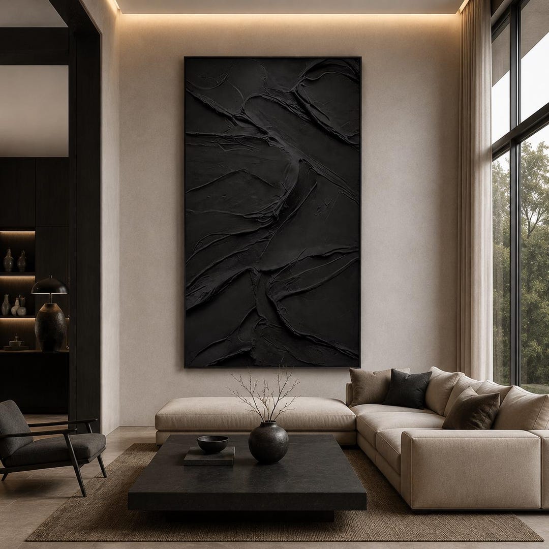 Black Textured Painting Extra Large Black Wall Art Minimalist Abstract ...
