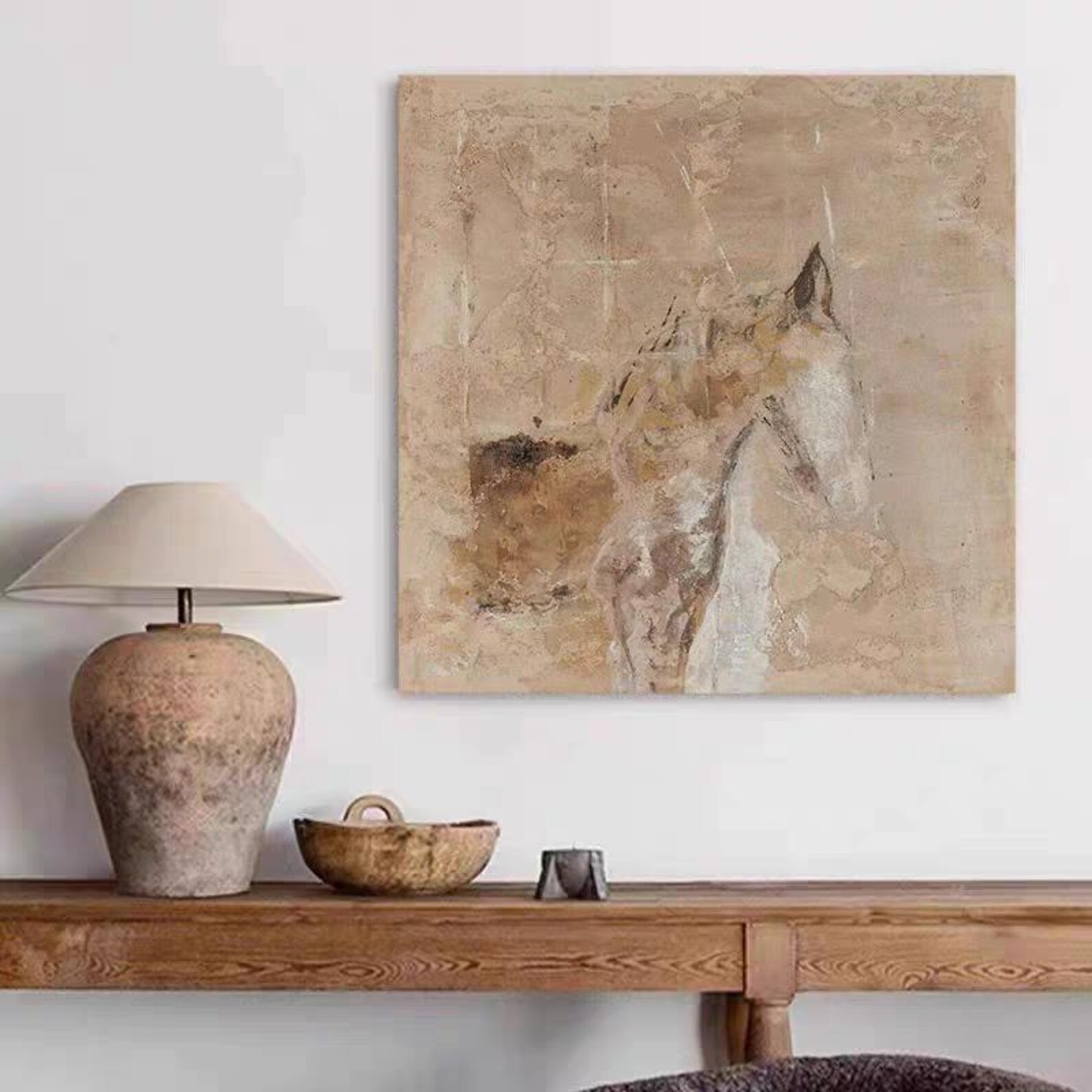 Neutral Abstract Horse Painting, Wabi Sabi Wall Art, Beige Textured ...