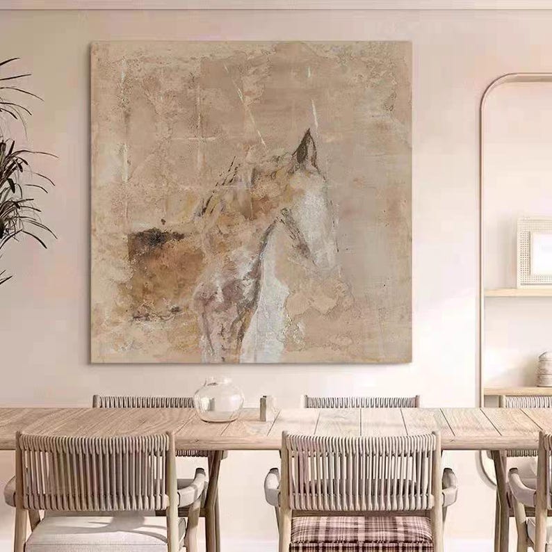 Neutral Abstract Horse Painting, Wabi Sabi Wall Art, Beige Textured ...