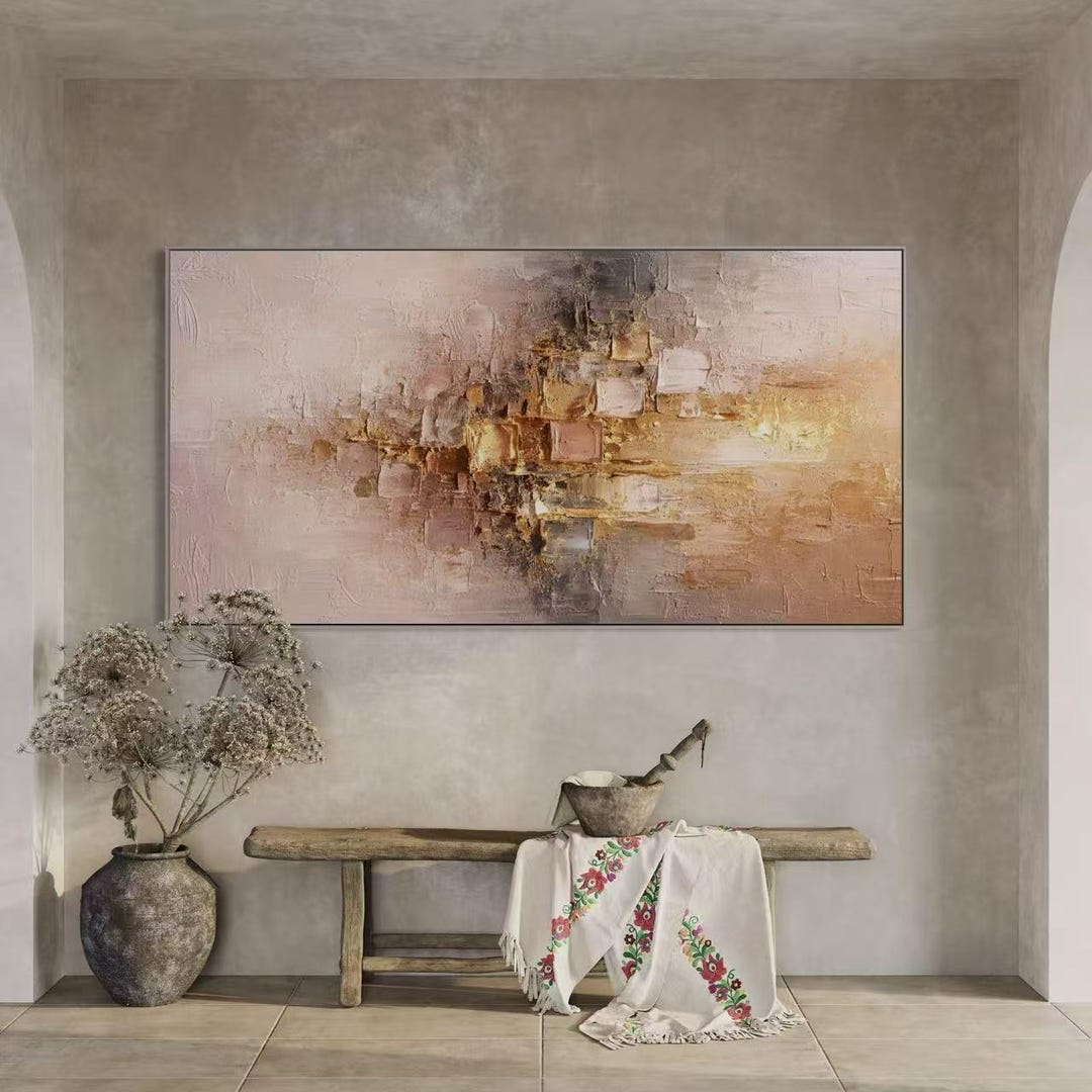 Large Abstract Wall Art, Blush Pink and Gold Canvas, Textured Painting ...