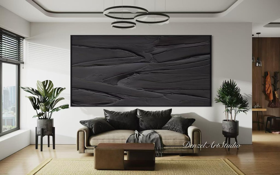 Horizontal Pure Black 3D Textured Oil Painting, Abstract Acrylic ...