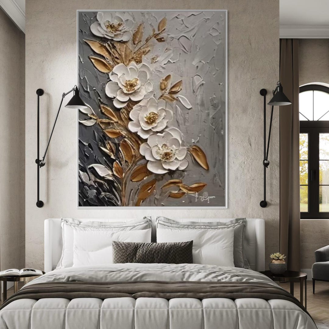 D Elegant Gold and White 3D Flower Painting, Modern Textured Floral Art ...