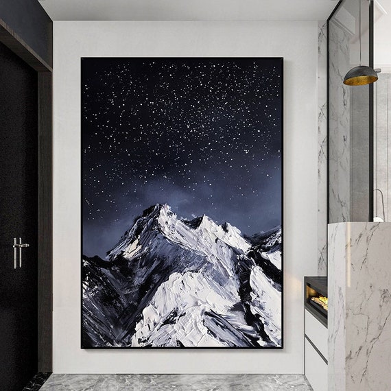 星空の雪山、キャンバスに手描きされたアクリル画、厚い質感の壁 星空の雪山、キャンバスに手描きされたアクリル画、厚い質感の壁