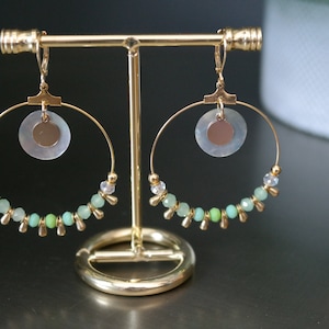 Hoop earrings - Gold plated - large model - Green jade