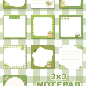 Pode incluir: Uma coleção de nove blocos de notas quadrados em tons de verde, com vários designs e ilustrações. Alguns blocos de notas apresentam gráficos temáticos de matcha, enquanto outros têm espaços com linhas ou em branco. O texto "3x3 NOTEPAD" é exibido na parte inferior.