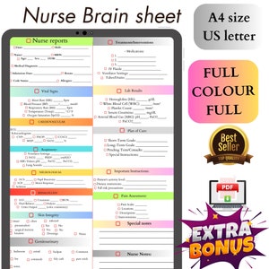 nurse Brain sheet, med surg report sheet, FULL COLOUR Full, med surg report, nurse report sheet, report sheet nurse, nursing report sheet