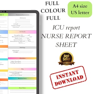 ICU report sheet,FULL COLOUR Full, med surg report, nurse brain sheet, nurse report sheet, report sheet nurse, nursing report sheet
