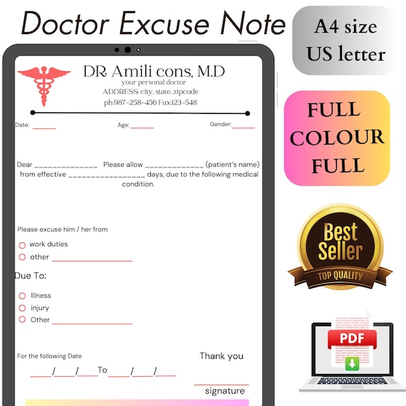 School Excuse Note, Doctor Excuse Letter, Fillable Doctors