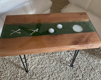 Golf River Table: Embedded Artificial Turf, Balls, Tees, and Markers in Epoxy Resin