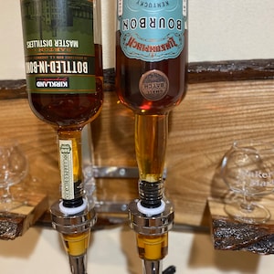 Live Edge Wood Liquor Dispenser: Natural Bark Alcohol Bar Decor