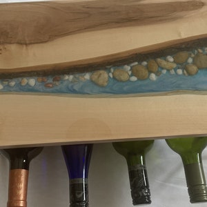 Live Edge Wine Rack: Handmade Cherry Wood River Table, Holds 4 Bottles