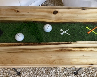 Golf River Table | Live Edge End Table | Artificial Turf Golf Table | Epoxy River Table With Embedded Golf Balls and Golf Tees