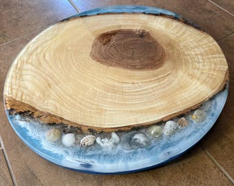 Wood and Epoxy Lazy Susan with Seashells, Sand and Ocean Scene