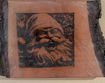 Engraved Santa Live Edge Wood Wall Art: Winter Scene