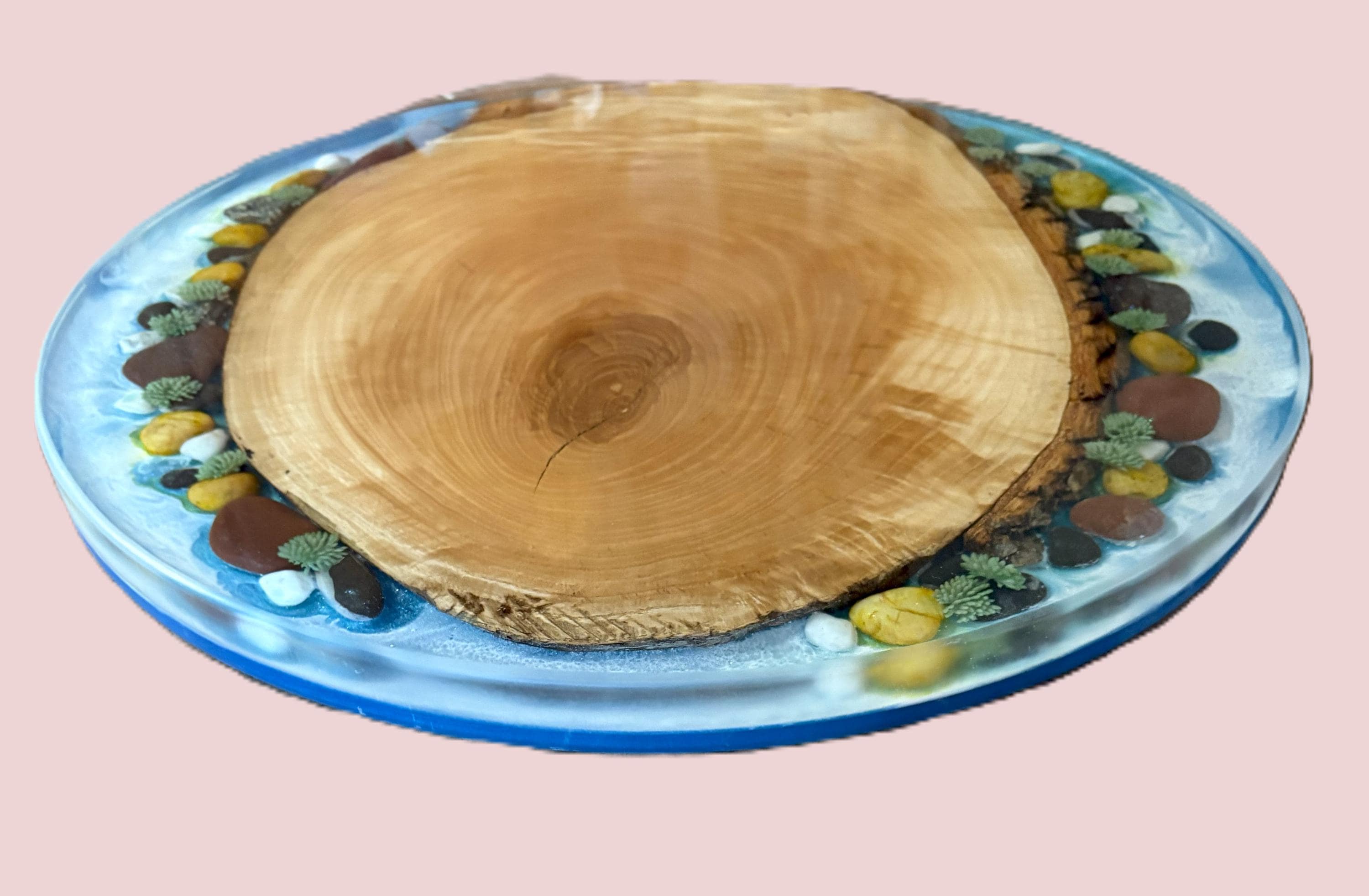 Unique Serving Rocks Wood and Epoxy Lazy Susan With Epoxy River, River Rocks and Foliage ...