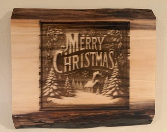 Live Edge Wood Merry Christmas Wall Art: Engraved Winter Scene