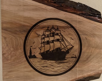 Live Edge Maple Sailing Ship Engraved Wall Art