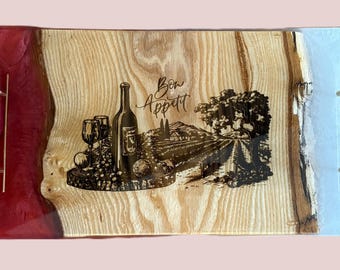 Live Edge Charcuterie Board: Engraved Vineyard Scene, Red & White Epoxy Resin