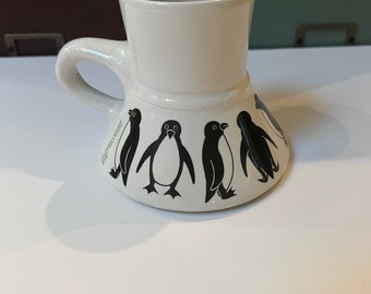 Vintage 1982 penguins birds "Feltman Langer” ceramic Porcelain Captains Cup Mug Non-Spill made in California