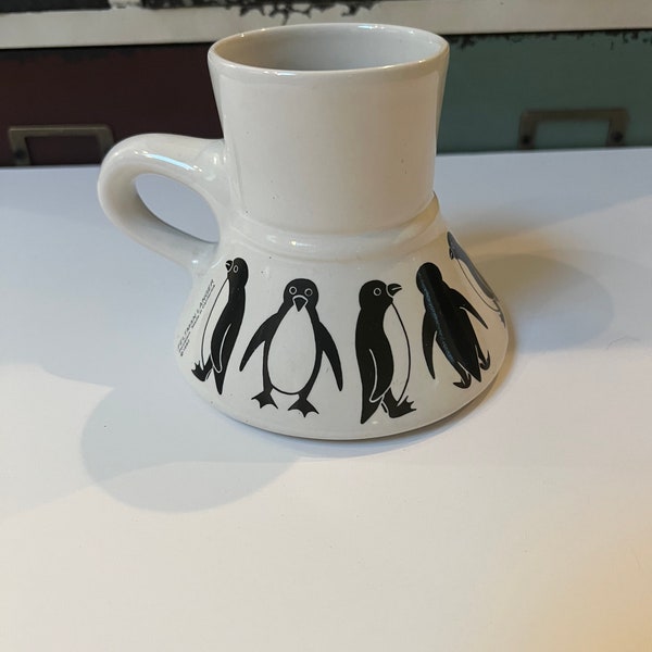 Vintage 1982 penguins birds "Feltman Langer” ceramic Porcelain Captains Cup Mug Non-Spill made in California