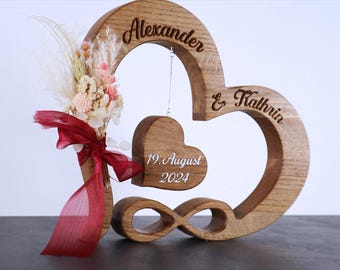 Wedding gift - heart with personalization made of oak, maple, walnut