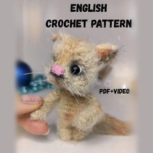May include: Crochet pattern for a small, beige cat with a pink nose and black eyes. The pattern includes a PDF and video instructions.