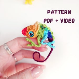 May include: A colorful crocheted chameleon with a rainbow pattern and a single blue eye. The chameleon is being held by a hand. The text "PATTERN PDF + VIDEO" is in the upper right corner of the image.