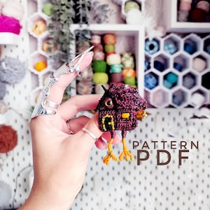 May include: A small, handmade crochet house in shades of purple, brown, and yellow, with yellow bird legs. The text "PATTERN PDF" is visible. The background includes shelves filled with colorful yarn.