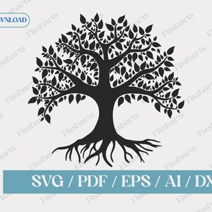 Puede incluir: Una silueta negra de un árbol con un tronco grueso y muchas ramas. El árbol tiene una gran copa de hojas que se extiende y una red de raíces que se extienden desde la base del tronco.