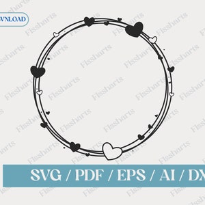 Heart Wreath Svg | Heart Circle Frame | Valentines Day Wreath Svg | Circle Double frame | Heart Double Frame | Laser Plotter Cricut Cut File