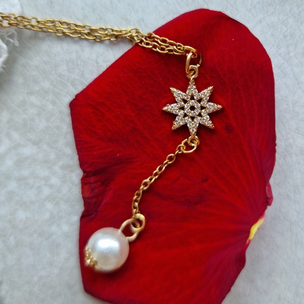 Sternenkette in Gold-farben mit Hängender Perle - Y-Kette mit einem funkelnden Stern und einer kleinen Perle als Geschenk oder Brautschmuck