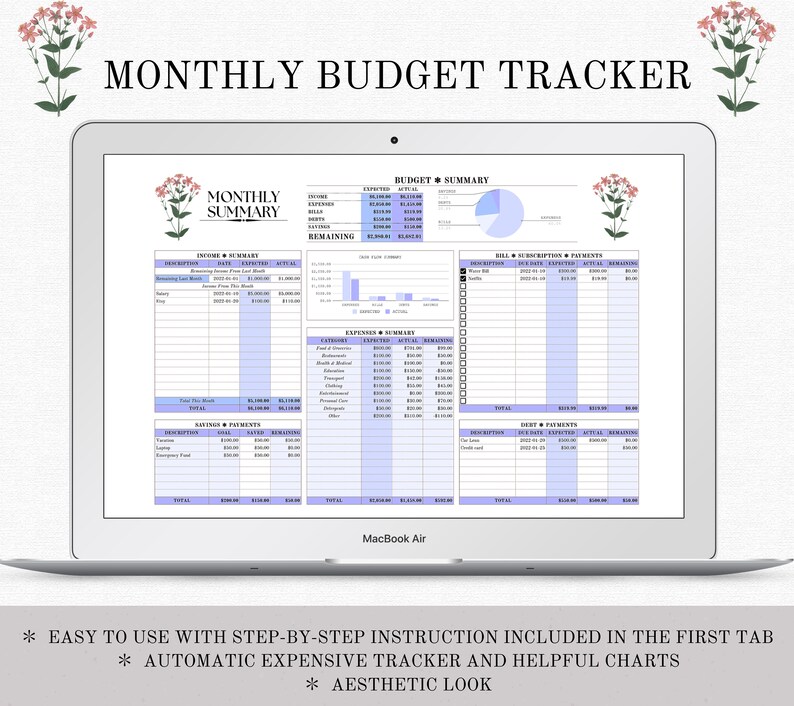 Monthly Budget Spreadsheet Template for Google Sheets, Financial Planner, Bills