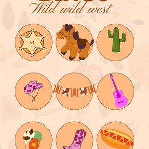 May include: A bingo card with a Wild West theme. The card features illustrations of a sheriff's badge, a horse, a cactus, a cowboy hat, a banner, a guitar, balloons, a cowboy boot, and a hot dog. The word "BINGO" is at the top.