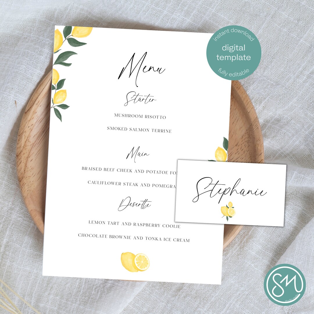 Lemon Menu & Place Name Card Template Set. Wedding Bridal Shower